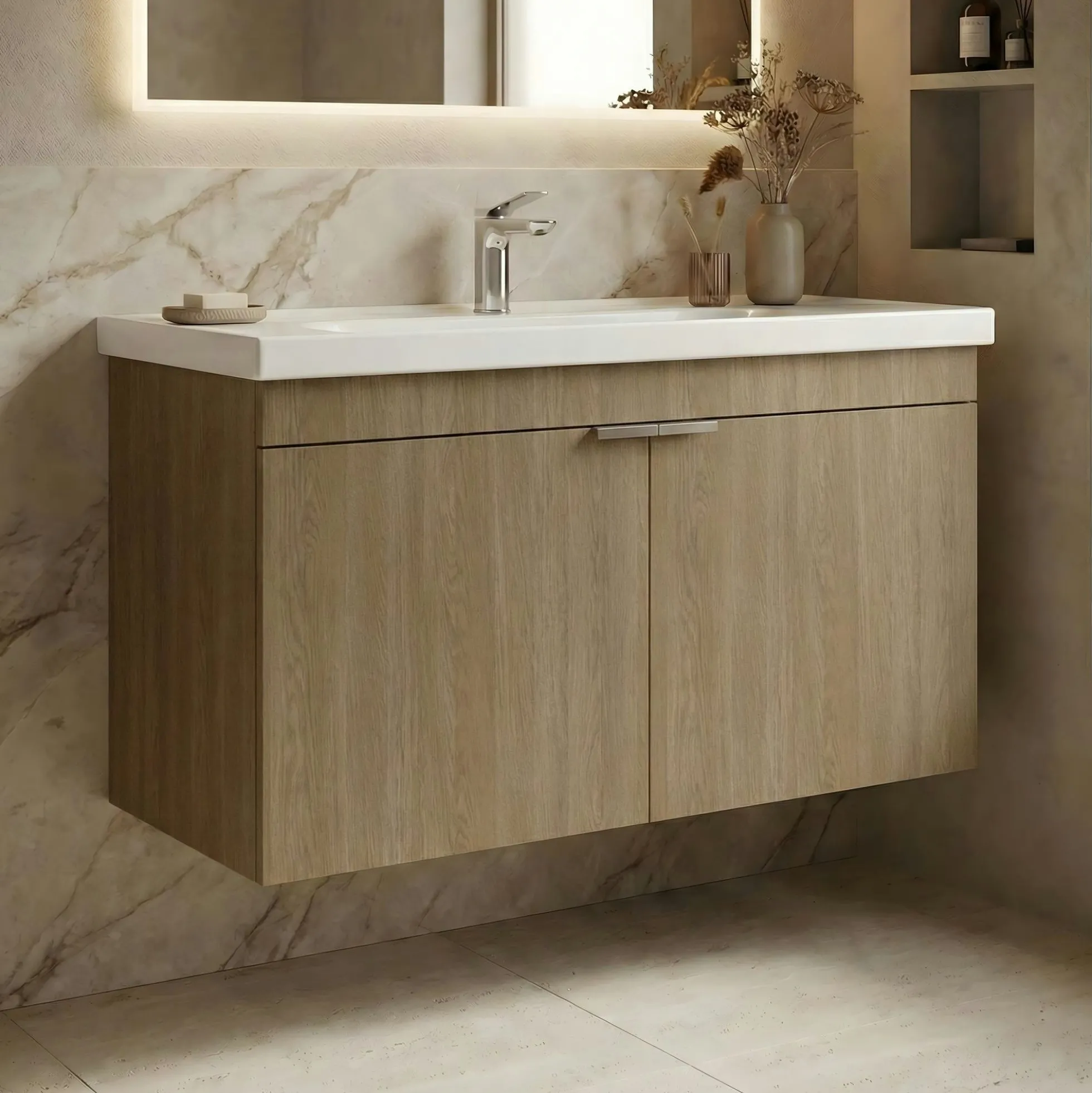Meuble vasque suspendu 100 cm décor chêne 2 portes NEA