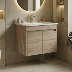 Meuble vasque suspendu 65 cm décor chêne 2 portes MOANA