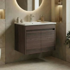 Meuble vasque suspendu 65 cm décor bois foncé 2 portes MOANA