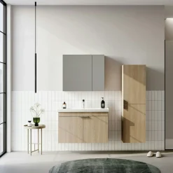 Meuble vasque suspendu 90 cm décor chêne 2 portes NEA