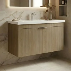 Meuble vasque suspendu 90 cm décor chêne 2 portes NEA