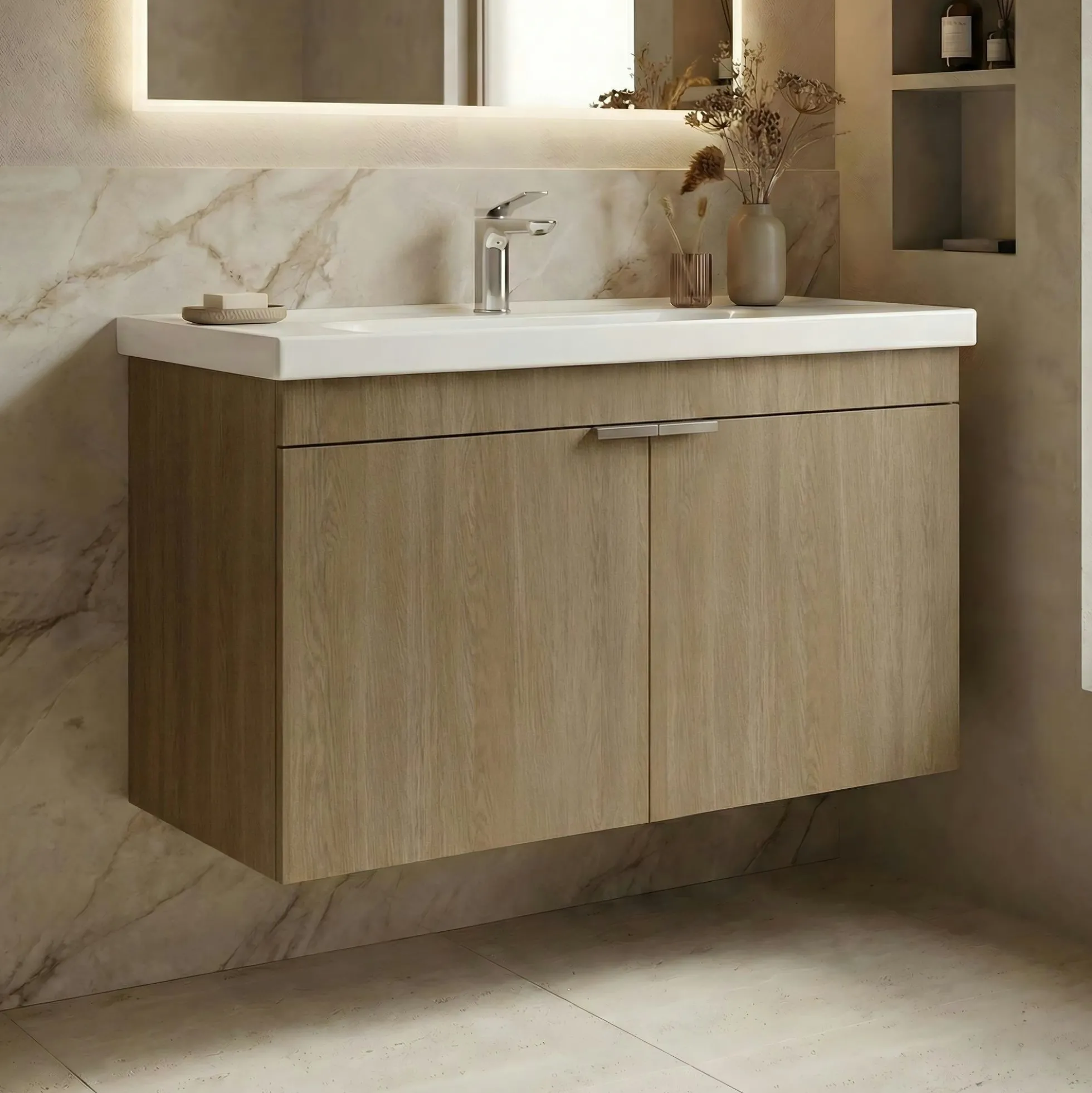 Meuble vasque suspendu 80 cm décor chêne 2 portes NEA