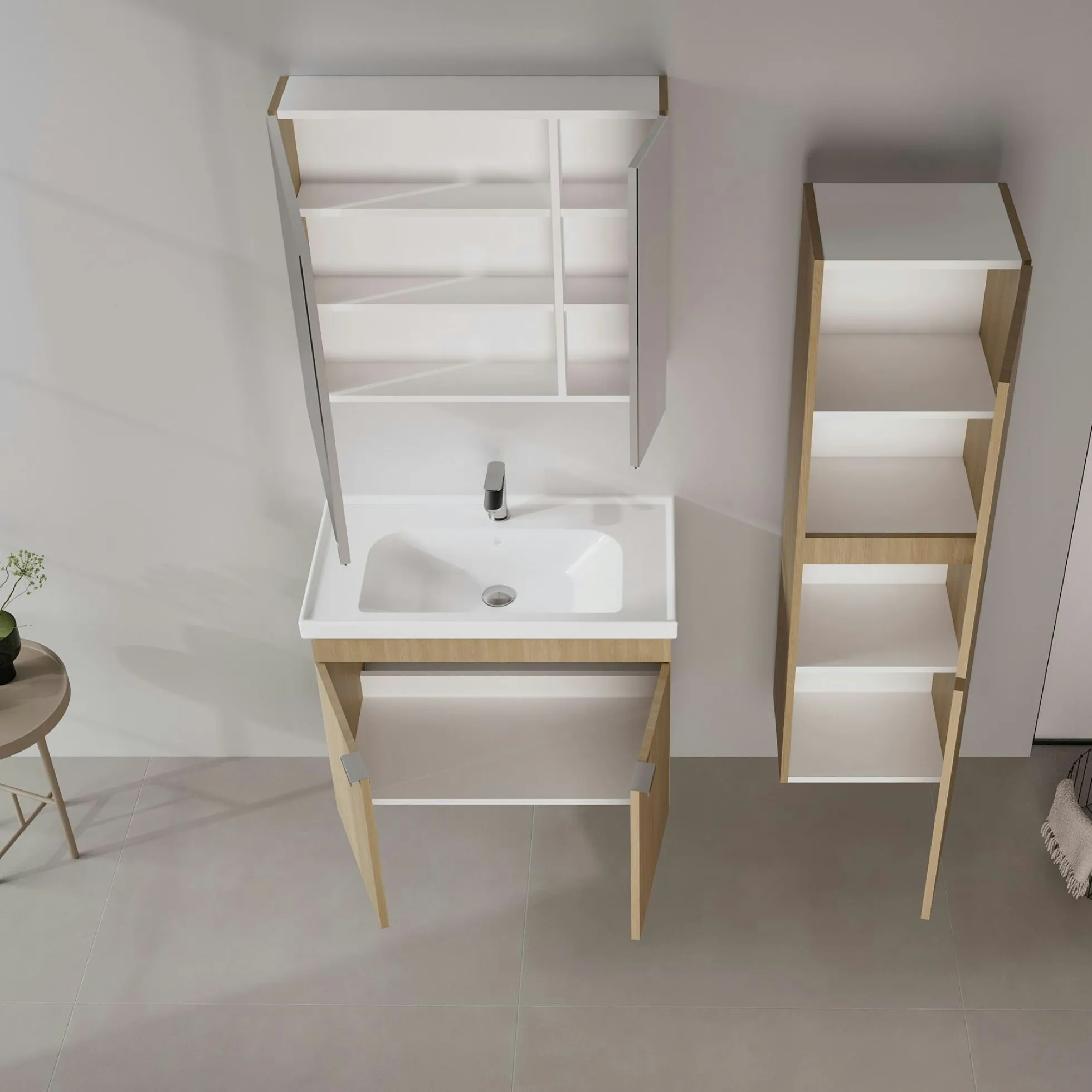 Meuble vasque suspendu 80 cm décor chêne 2 portes NEA