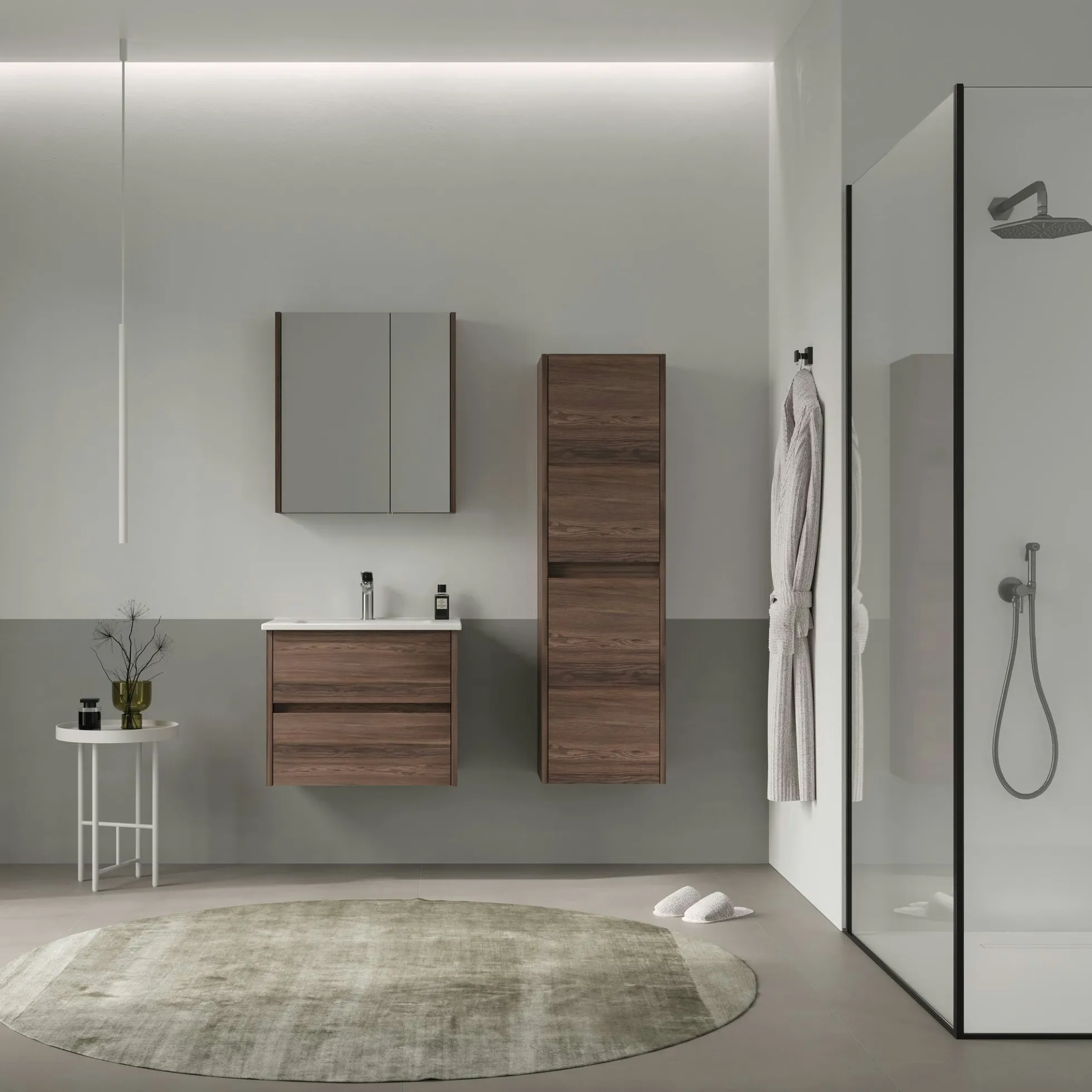Meuble vasque suspendu 65 cm décor bois foncé 2 tiroirs MOANA