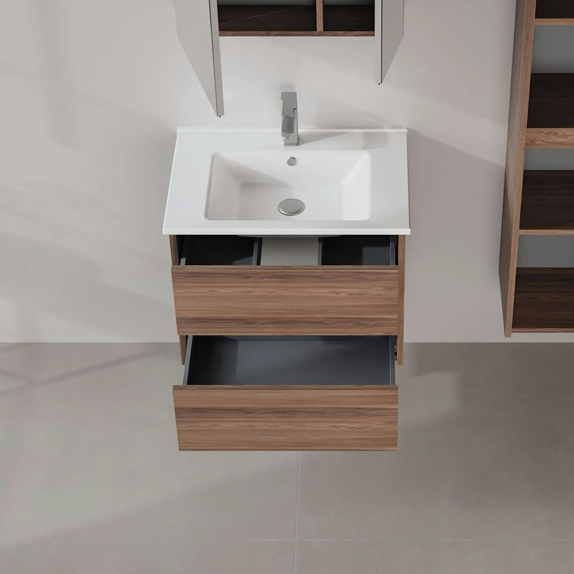 Meuble vasque suspendu 65 cm décor bois foncé 2 tiroirs MOANA