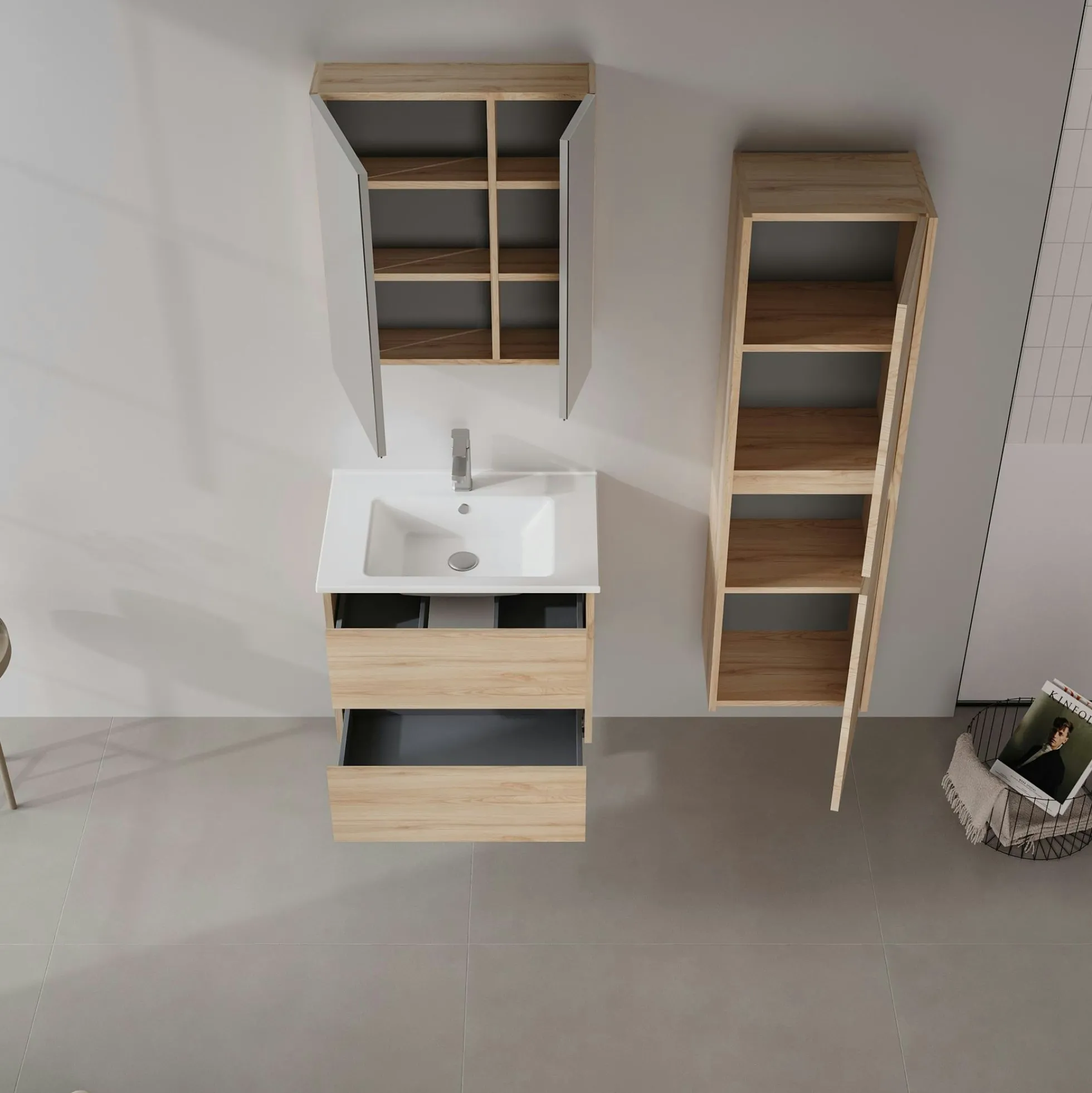 Meuble vasque suspendu 65 cm décor chêne 2 tiroirs MOANA
