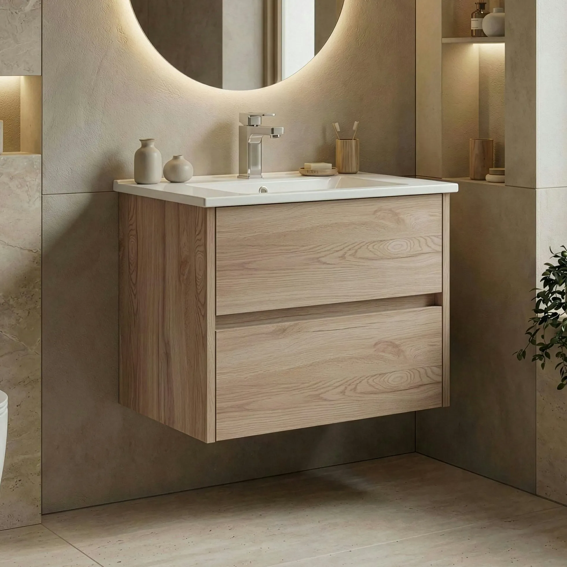 Meuble vasque suspendu 65 cm décor chêne 2 tiroirs MOANA