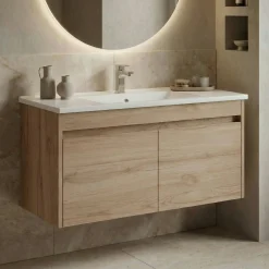 Meuble vasque suspendu 100 cm décor chêne 2 portes MOANA