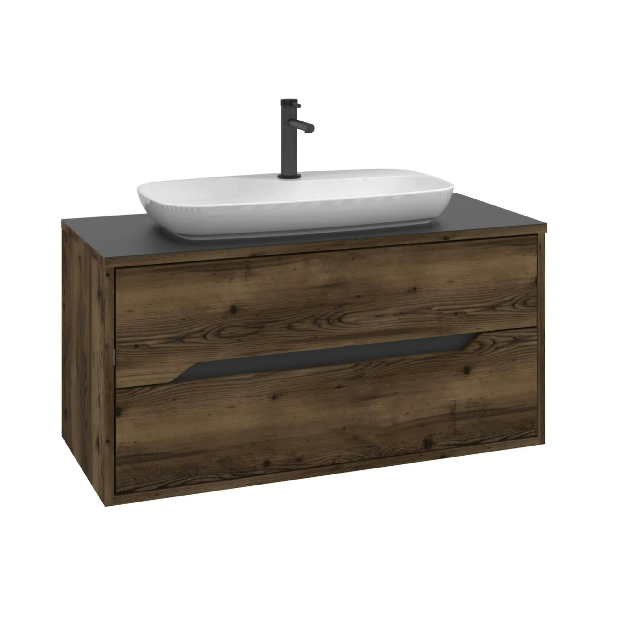 Meuble vasque suspendu 100 cm décor bois foncé 2 tiroirs NEÏS
