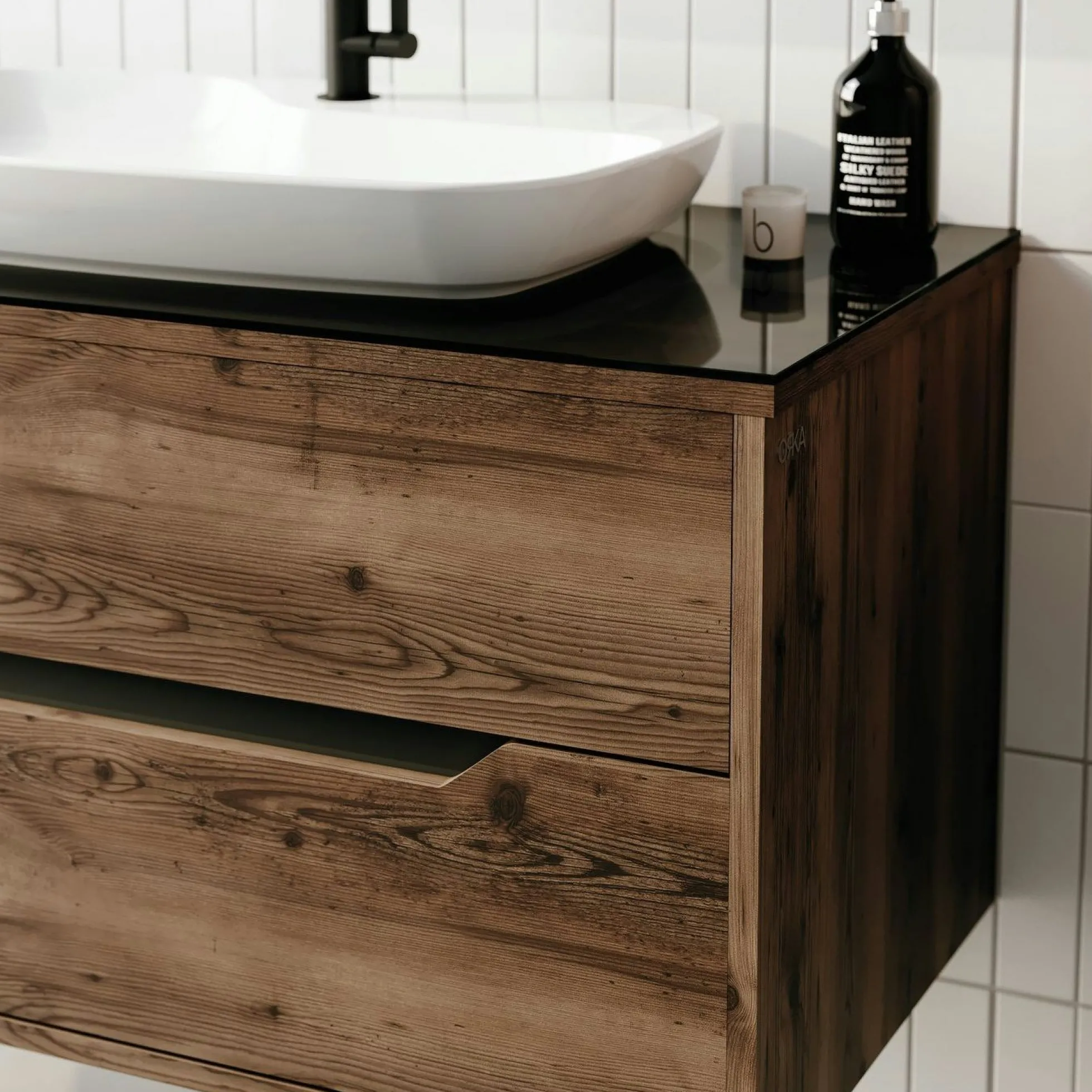 Meuble vasque suspendu 100 cm décor bois foncé 2 tiroirs NEÏS