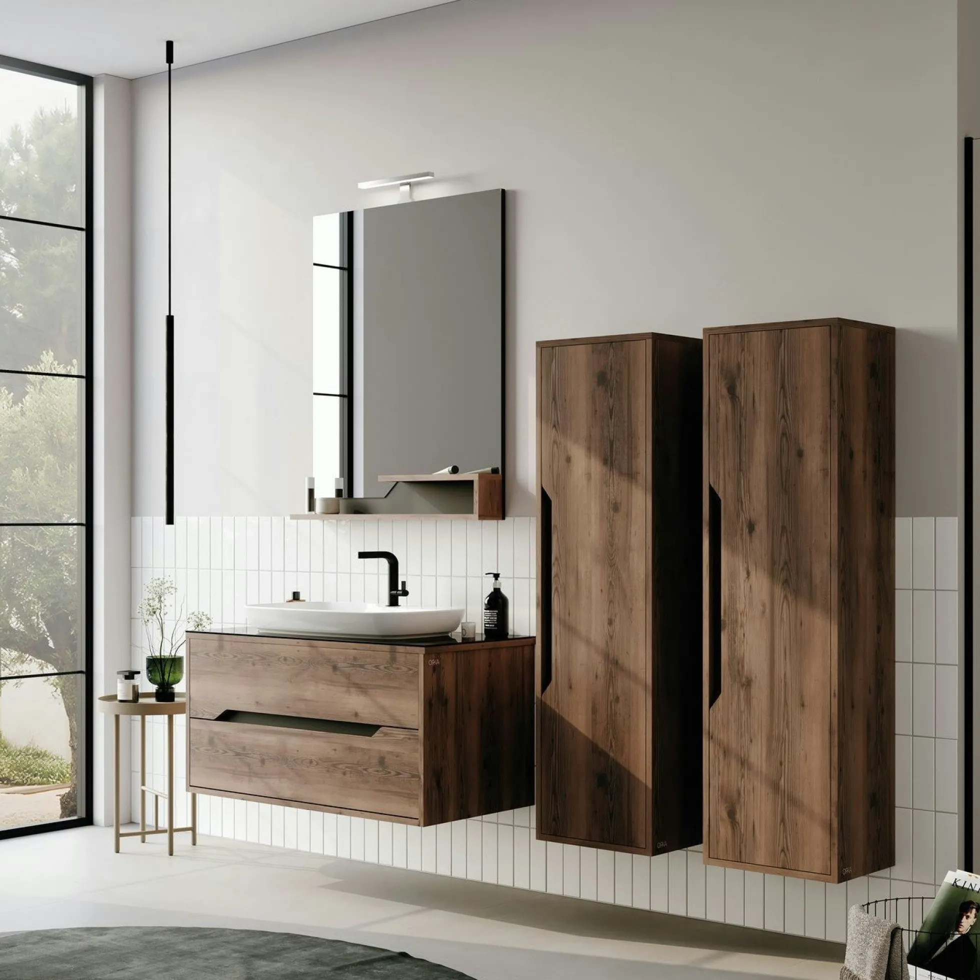 Meuble vasque suspendu 100 cm décor bois foncé 2 tiroirs NEÏS