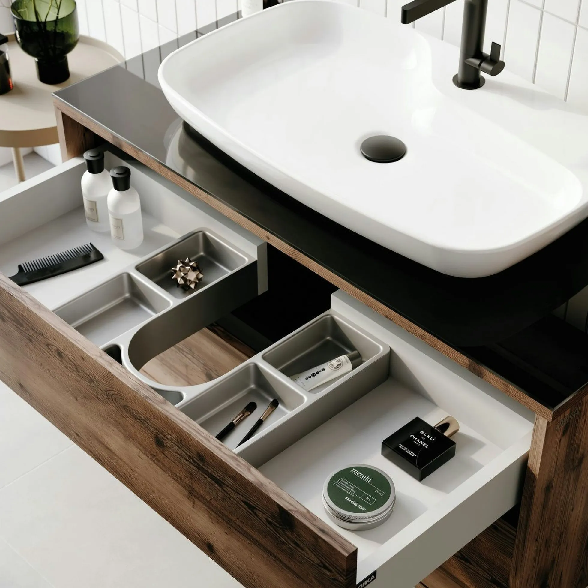 Meuble vasque suspendu 100 cm décor bois foncé 2 tiroirs NEÏS