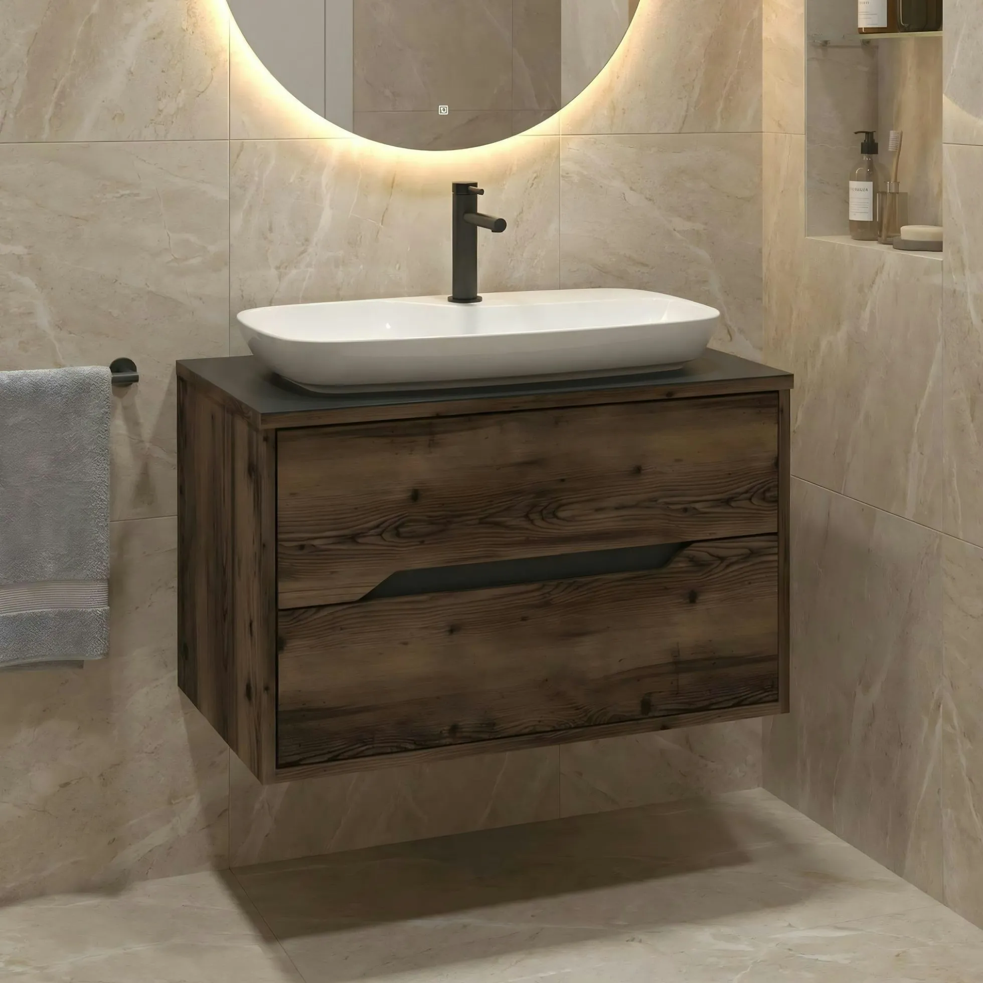 Meuble vasque suspendu 80 cm décor bois foncé 2 tiroirs NEÏS