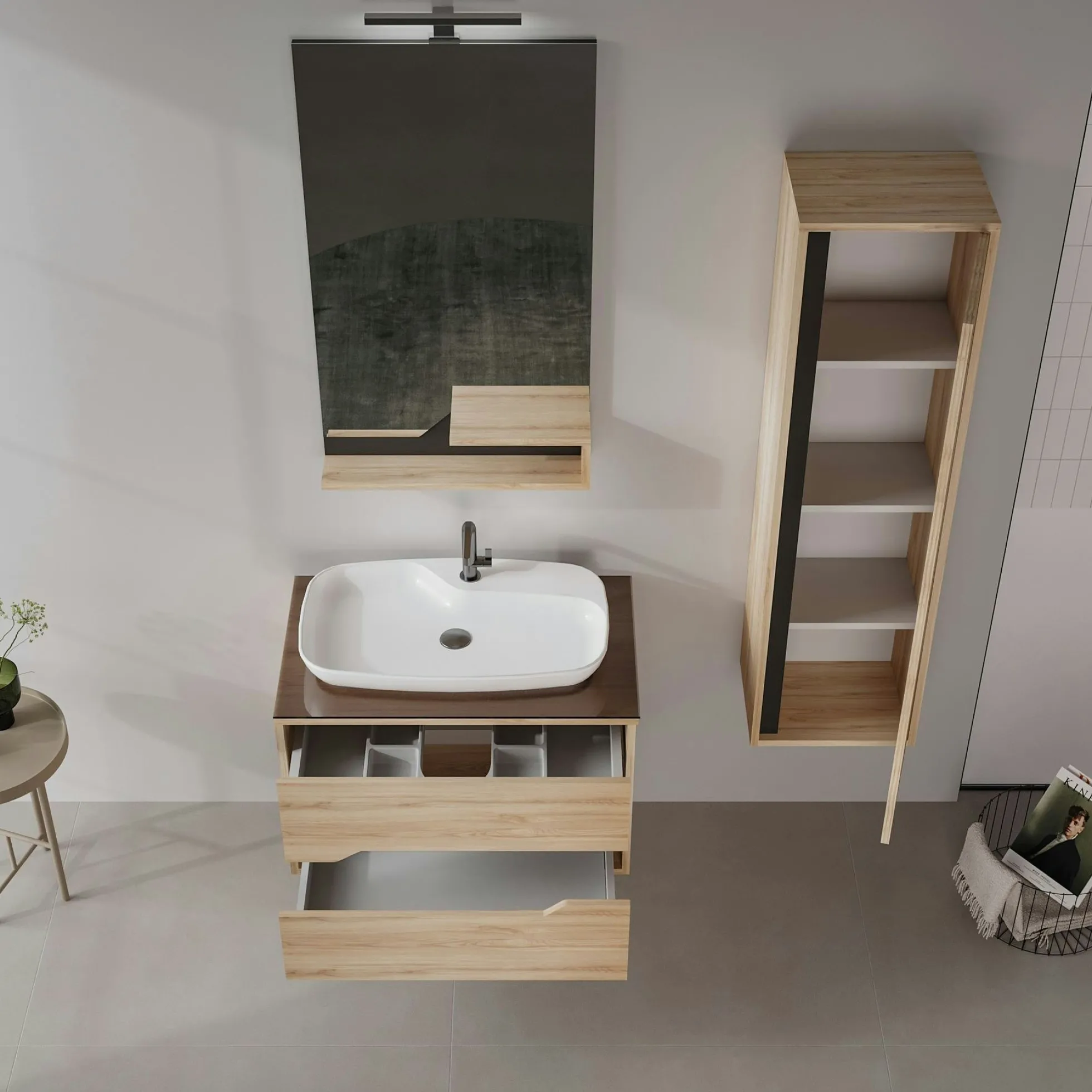 Meuble vasque suspendu 80 cm décor chêne 2 tiroirs NEÏS