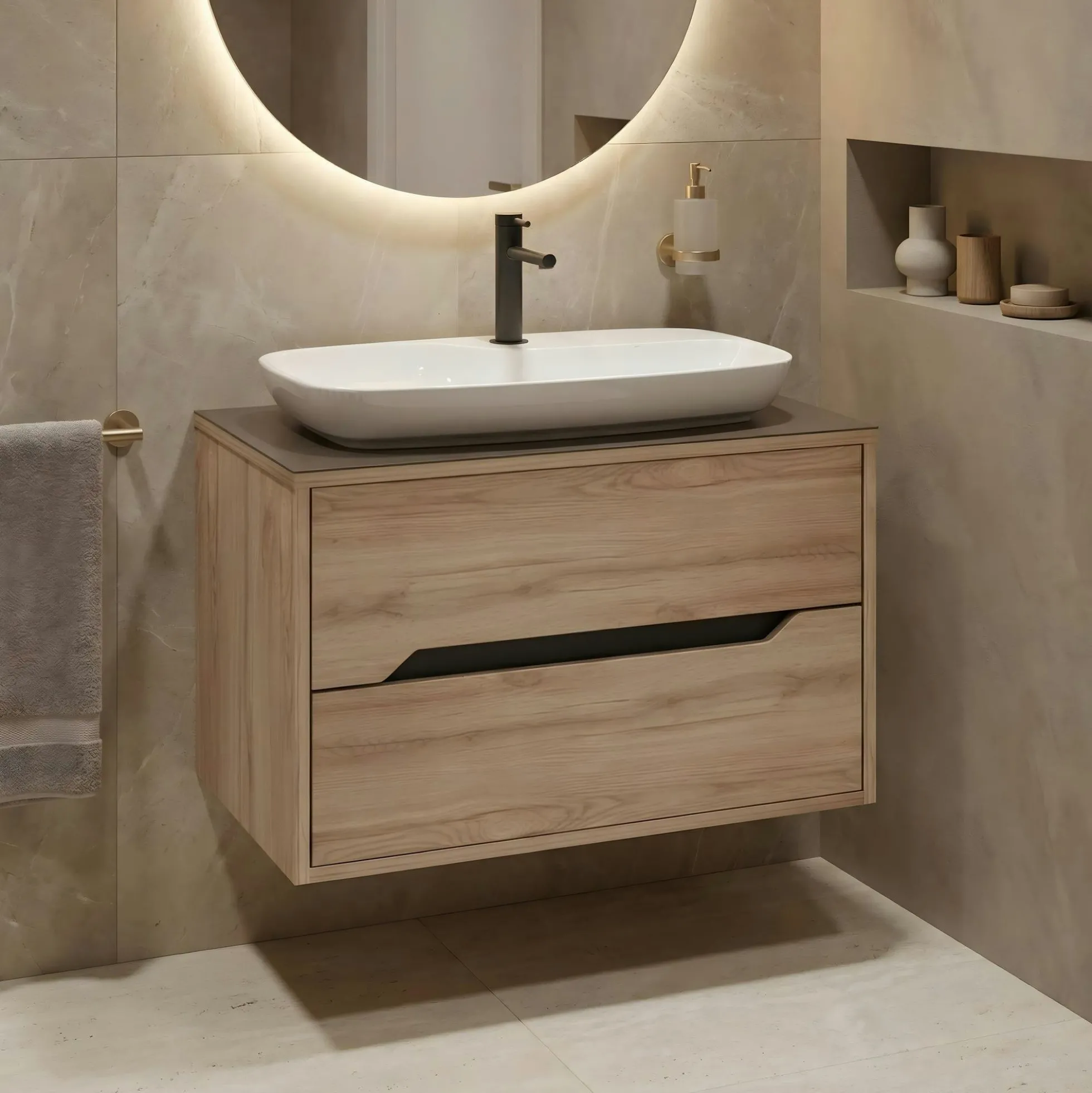 Meuble vasque suspendu 80 cm décor chêne 2 tiroirs NEÏS