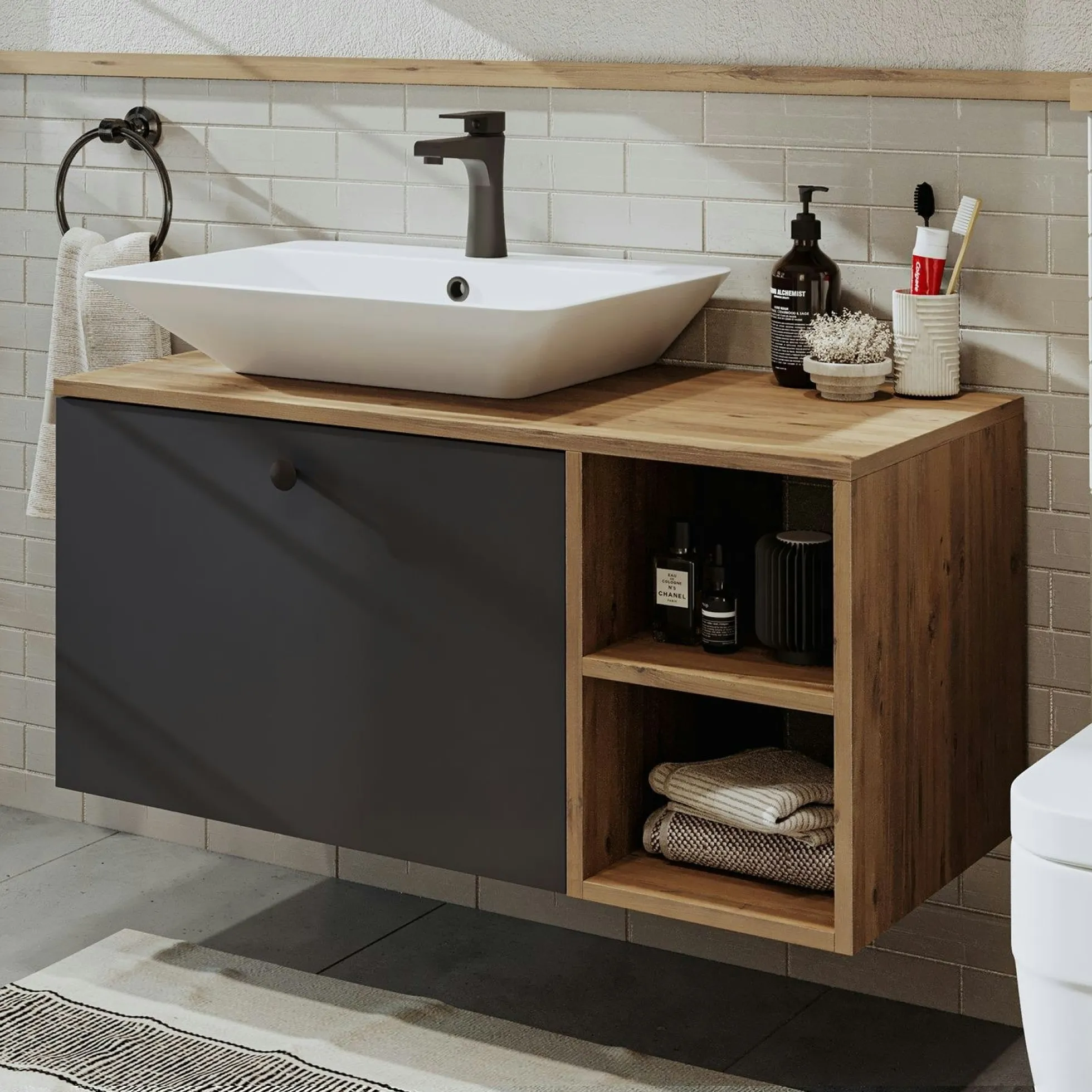 Meuble vasque suspendu 95 cm décor pin et gris 1 tiroir ONDO