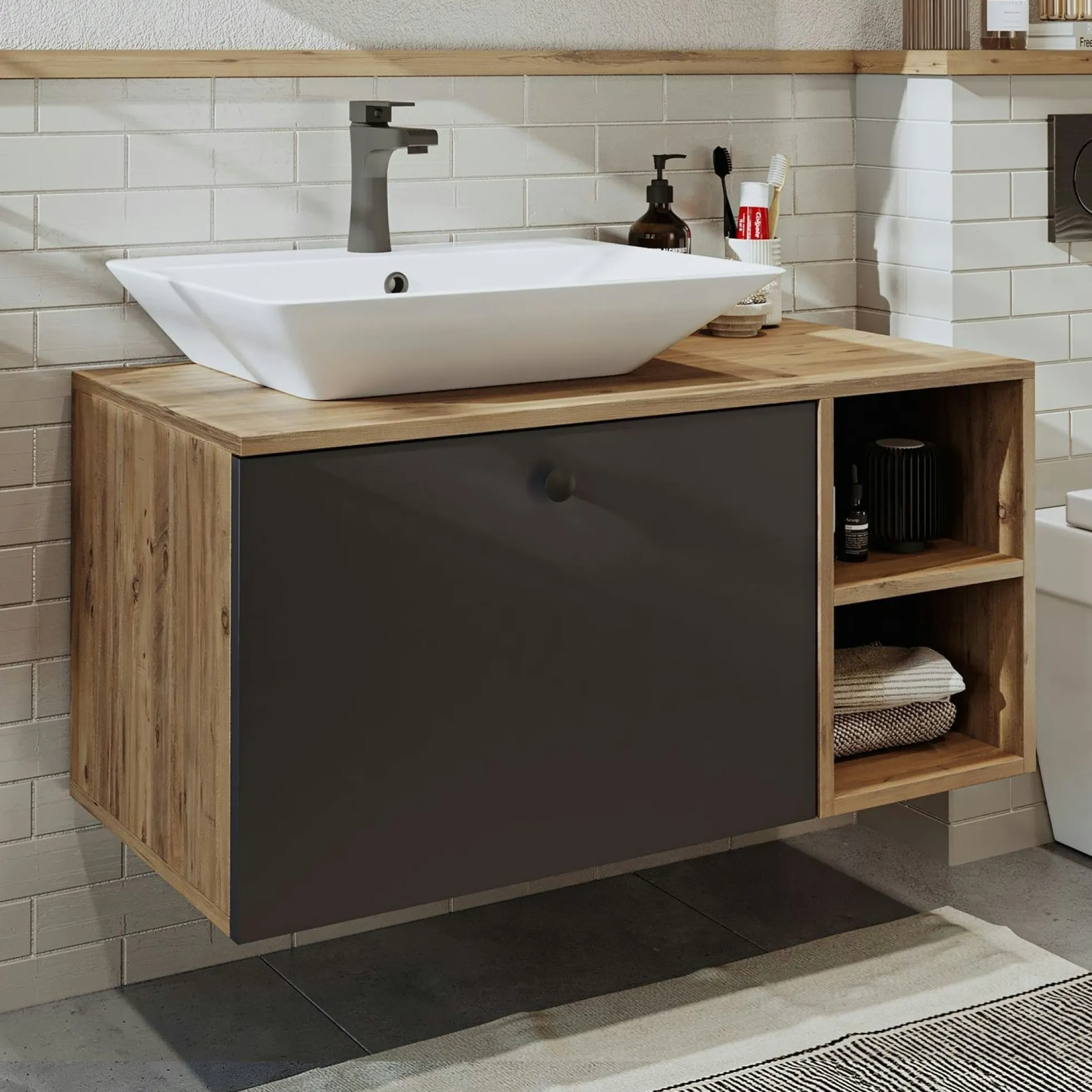 Meuble vasque suspendu 95 cm décor pin et gris 1 tiroir ONDO
