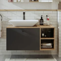 Meuble vasque suspendu 95 cm décor pin et gris 1 tiroir ONDO