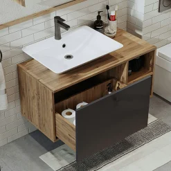 Meuble vasque suspendu 95 cm décor pin et gris 1 tiroir ONDO
