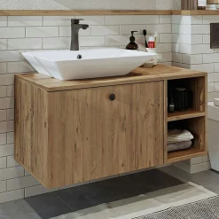 Meuble vasque suspendu 95 cm décor pin 1 tiroir ONDO