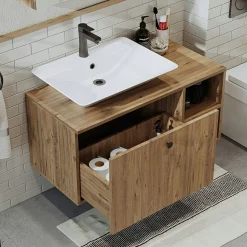 Meuble vasque suspendu 95 cm décor pin 1 tiroir ONDO