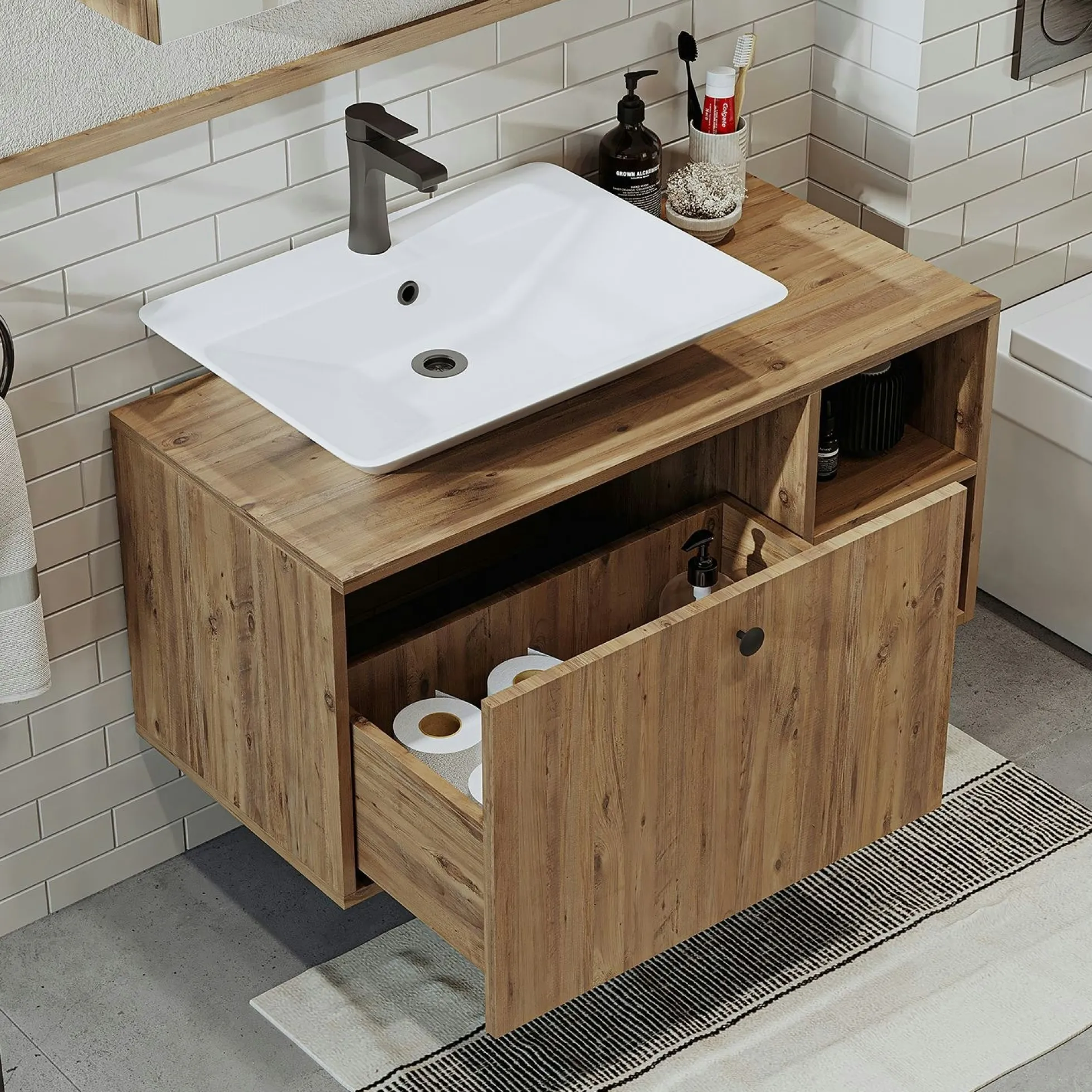 Meuble vasque suspendu 95 cm décor pin 1 tiroir ONDO