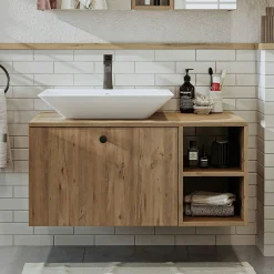 Meuble vasque suspendu 95 cm décor pin 1 tiroir ONDO