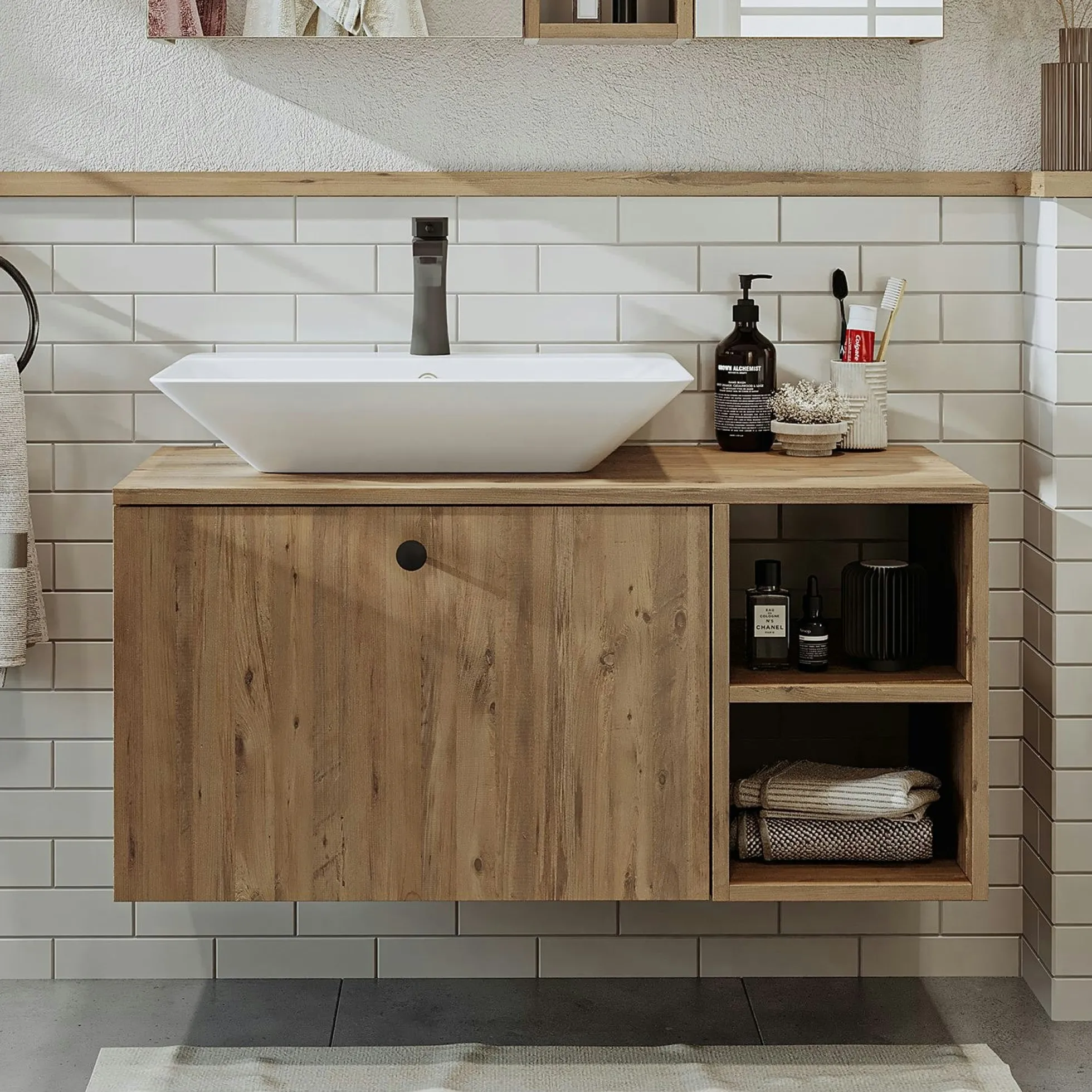 Meuble vasque suspendu 95 cm décor pin 1 tiroir ONDO