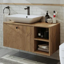 Meuble vasque suspendu 95 cm décor pin 1 tiroir ONDO