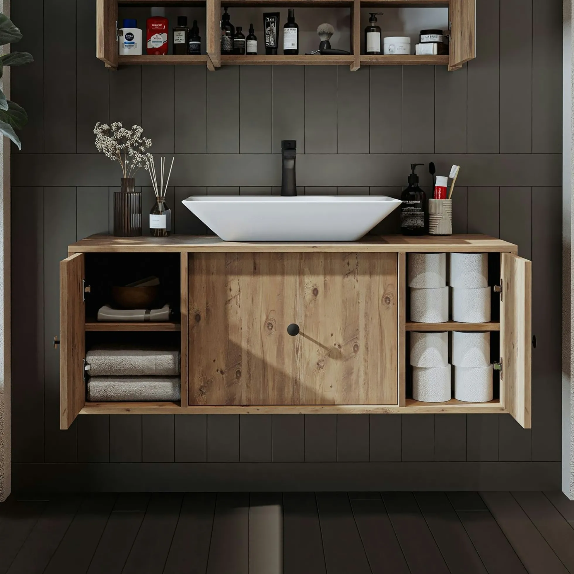 Meuble vasque suspendu 120 cm décor pin 2 portes 1 tiroir SIREN