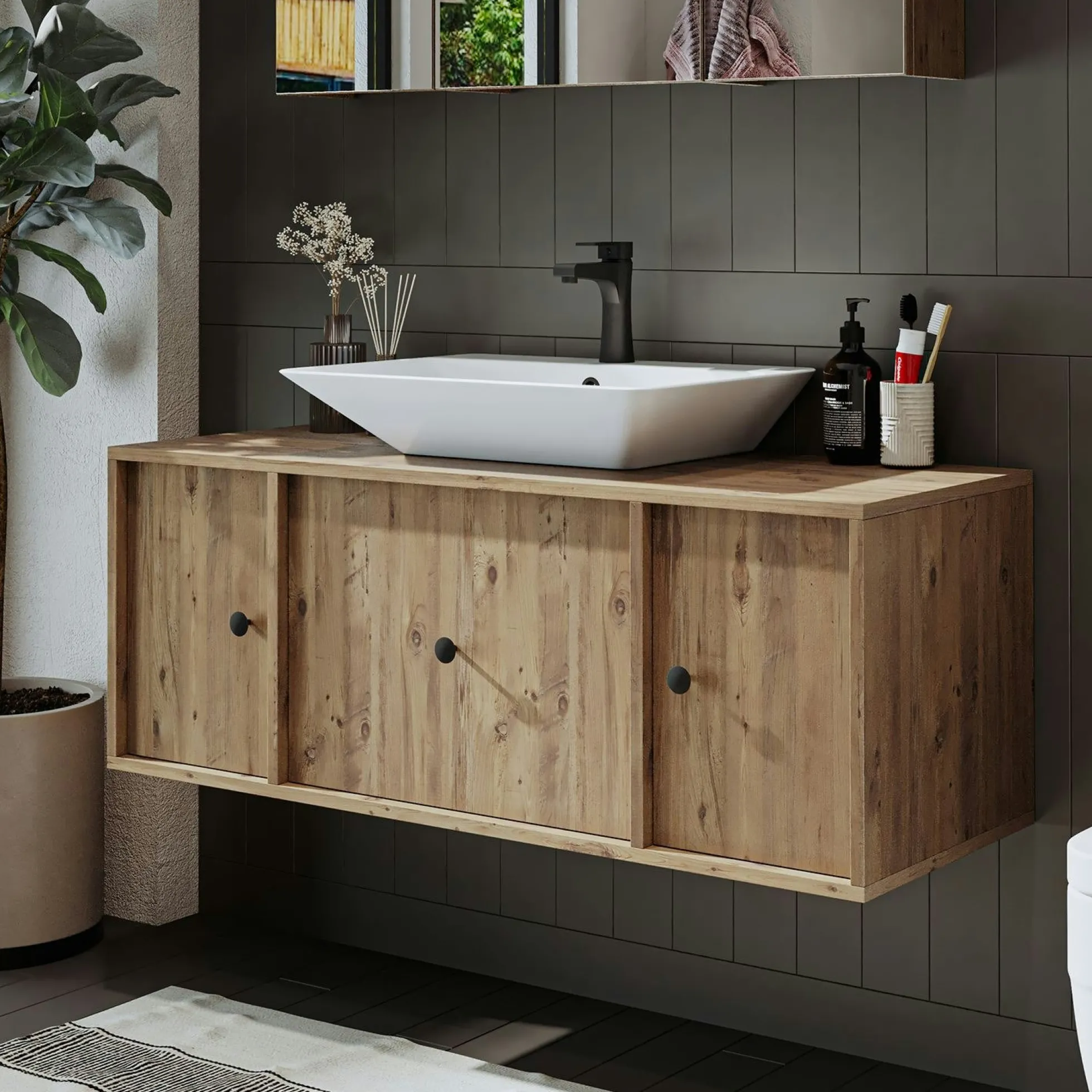 Meuble vasque suspendu 120 cm décor pin 2 portes 1 tiroir SIREN