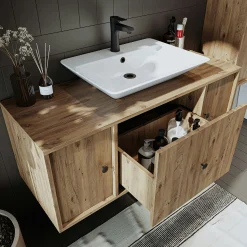 Meuble vasque suspendu 120 cm décor pin 2 portes 1 tiroir SIREN
