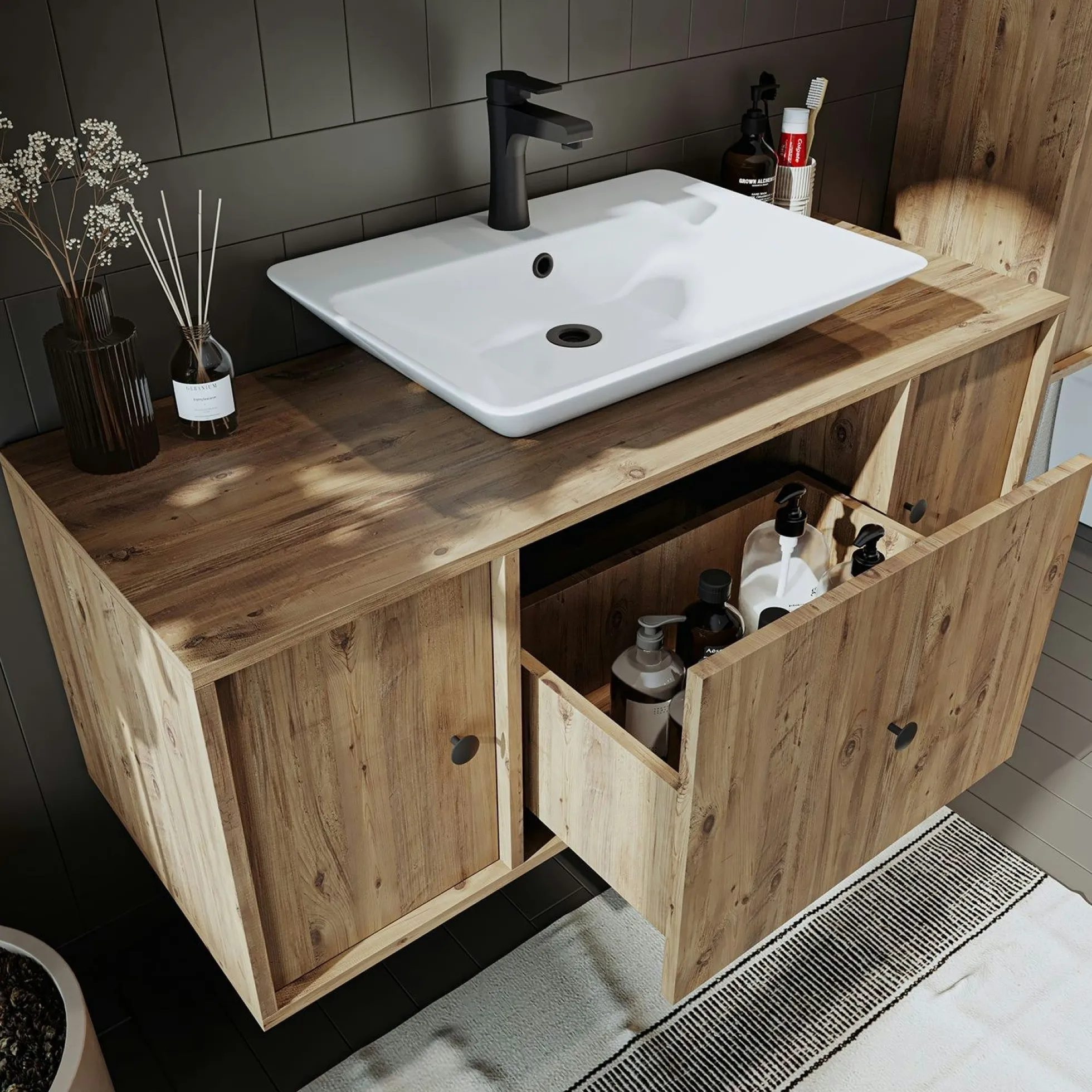 Meuble vasque suspendu 120 cm décor pin 2 portes 1 tiroir SIREN