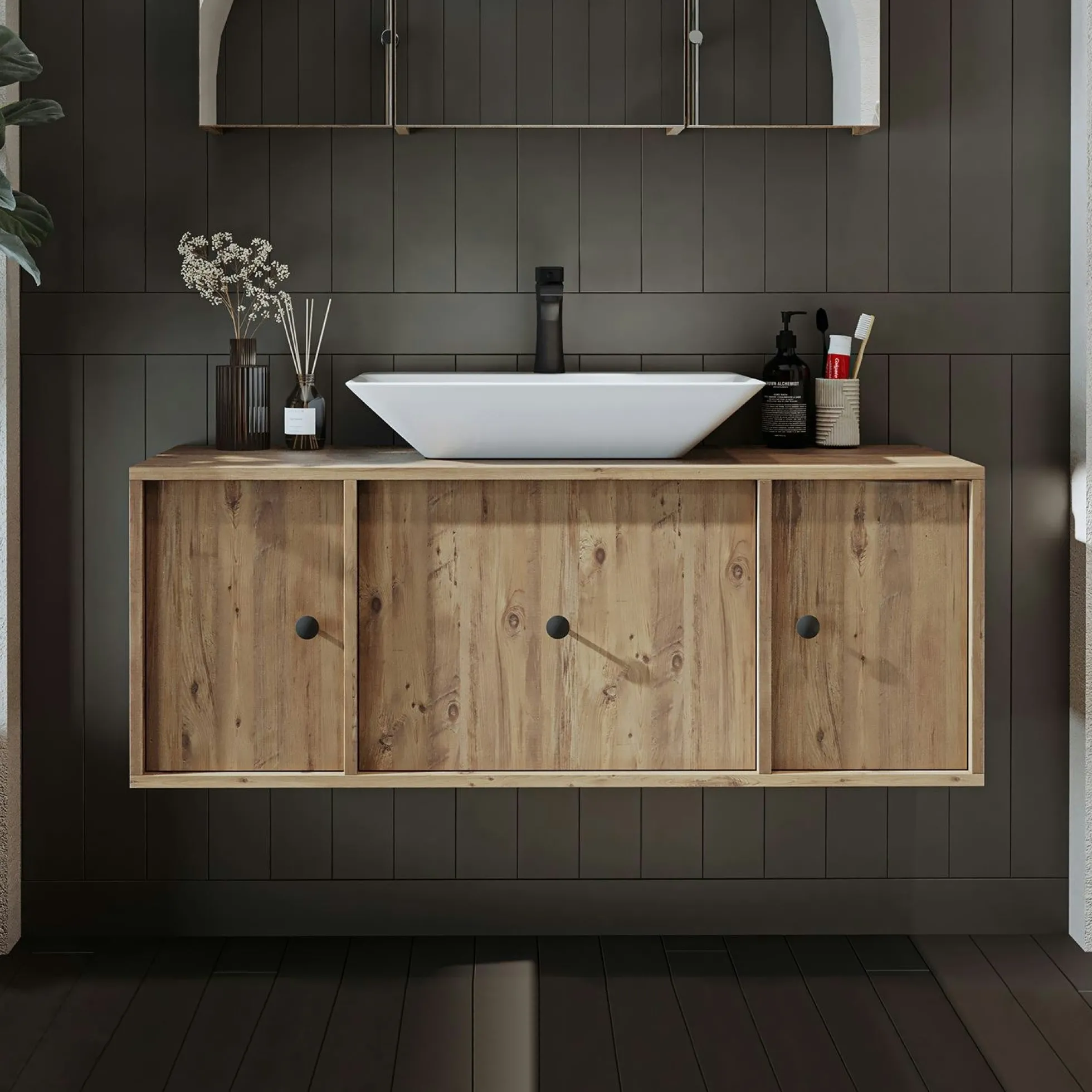 Meuble vasque suspendu 120 cm décor pin 2 portes 1 tiroir SIREN
