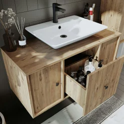 Meuble vasque suspendu 105 cm décor pin 2 portes 1 tiroir SIREN