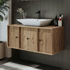 Meuble vasque suspendu 105 cm décor pin 2 portes 1 tiroir SIREN
