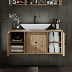 Meuble vasque suspendu 105 cm décor pin 2 portes 1 tiroir SIREN