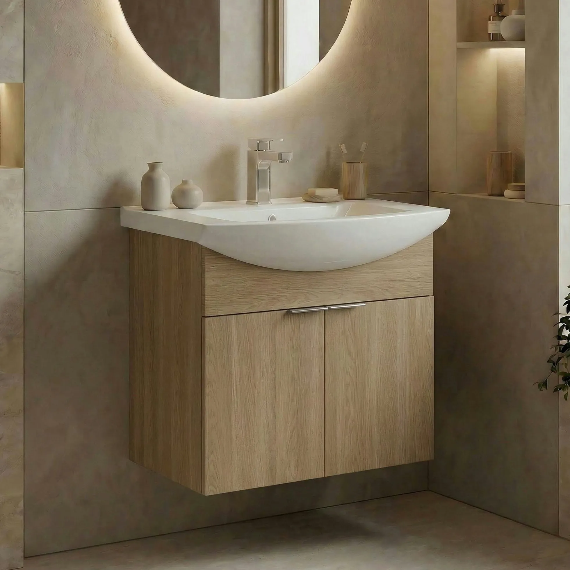 Meuble vasque suspendu 55 cm décor chêne 2 portes UMI