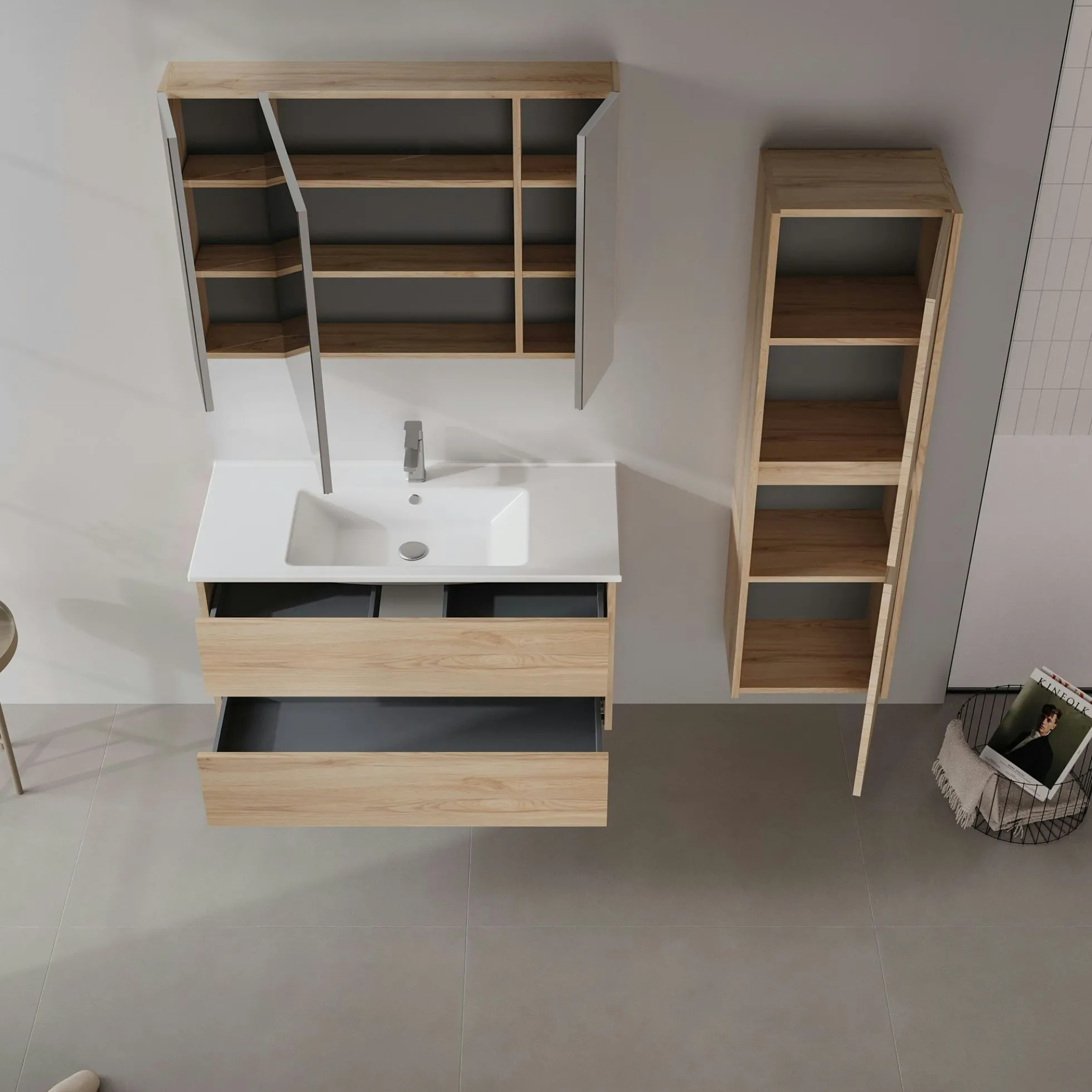 Meuble vasque suspendu 100 cm décor chêne 2 tiroirs MOANA