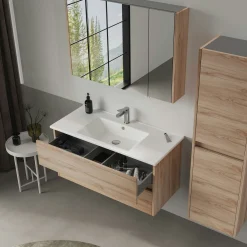 Meuble vasque suspendu 100 cm décor chêne 2 tiroirs MOANA
