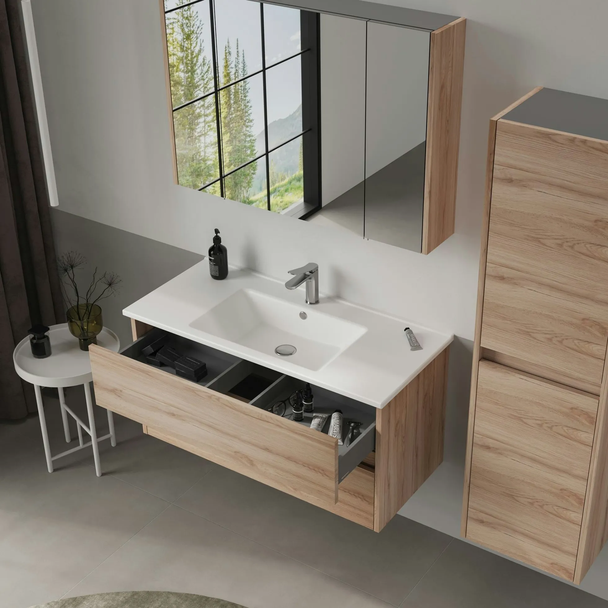Meuble vasque suspendu 100 cm décor chêne 2 tiroirs MOANA