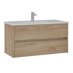 Meuble vasque suspendu 100 cm décor chêne 2 tiroirs MOANA