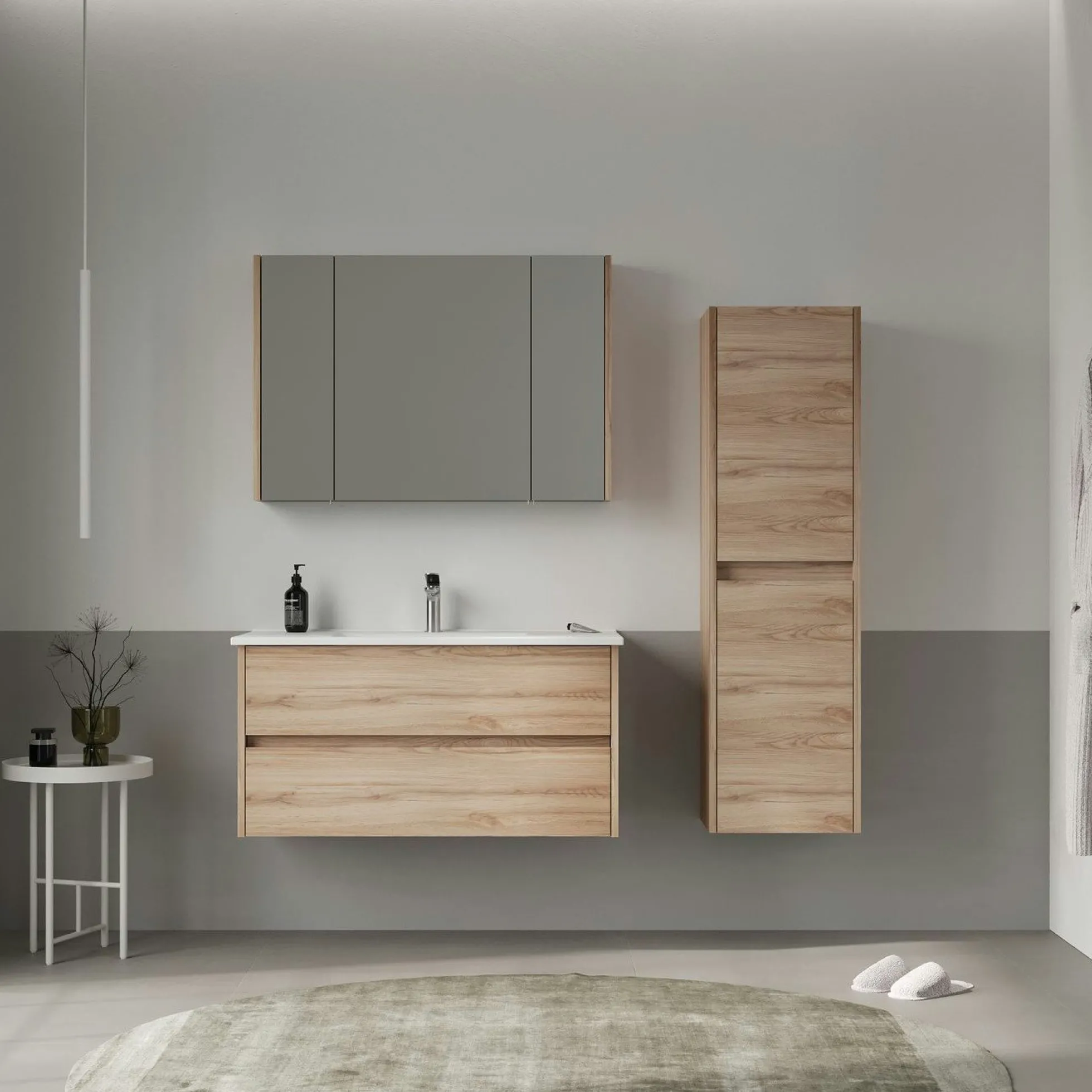 Meuble vasque suspendu 100 cm décor chêne 2 tiroirs MOANA
