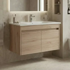 Meuble vasque suspendu 85 cm décor chêne 2 portes MOANA