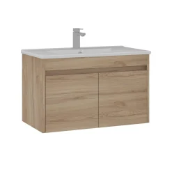 Meuble vasque suspendu 85 cm décor chêne 2 portes MOANA