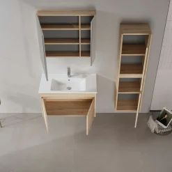 Meuble vasque suspendu 85 cm décor chêne 2 portes MOANA