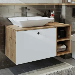 Meuble vasque suspendu 95 cm décor pin et blanc 1 tiroir ONDO