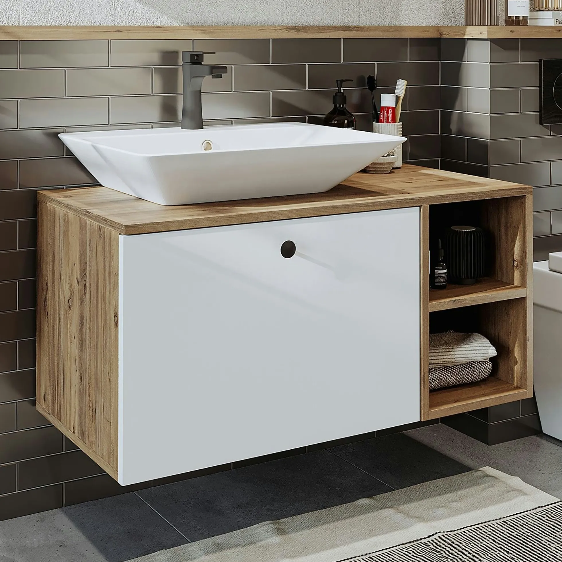 Meuble vasque suspendu 95 cm décor pin et blanc 1 tiroir ONDO