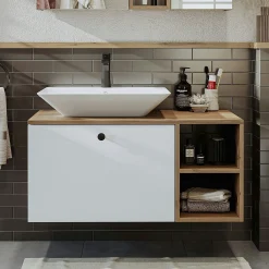 Meuble vasque suspendu 95 cm décor pin et blanc 1 tiroir ONDO