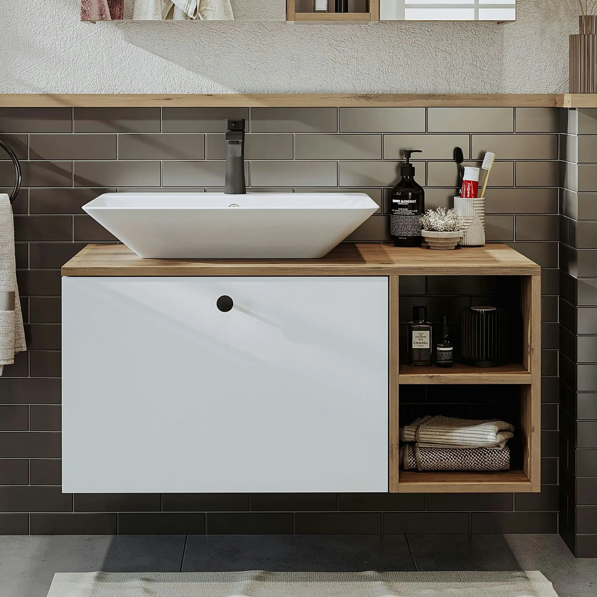 Meuble vasque suspendu 95 cm décor pin et blanc 1 tiroir ONDO
